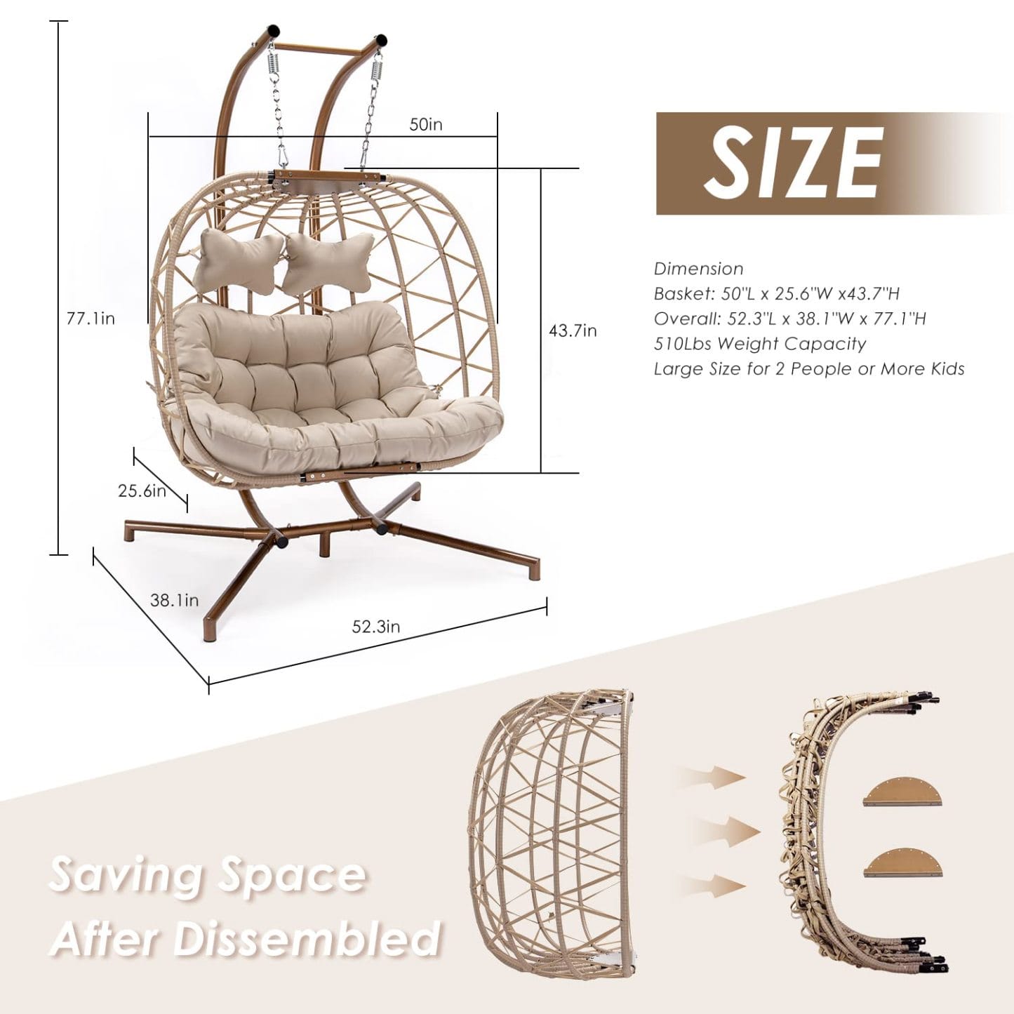 Double Patio Rattan Swing Egg Chair With Stand Rain Cover Included - Image 6