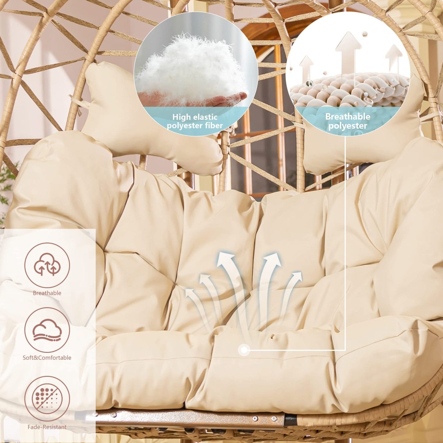 Double Patio Rattan Swing Egg Chair With Stand Rain Cover Included - Image 4