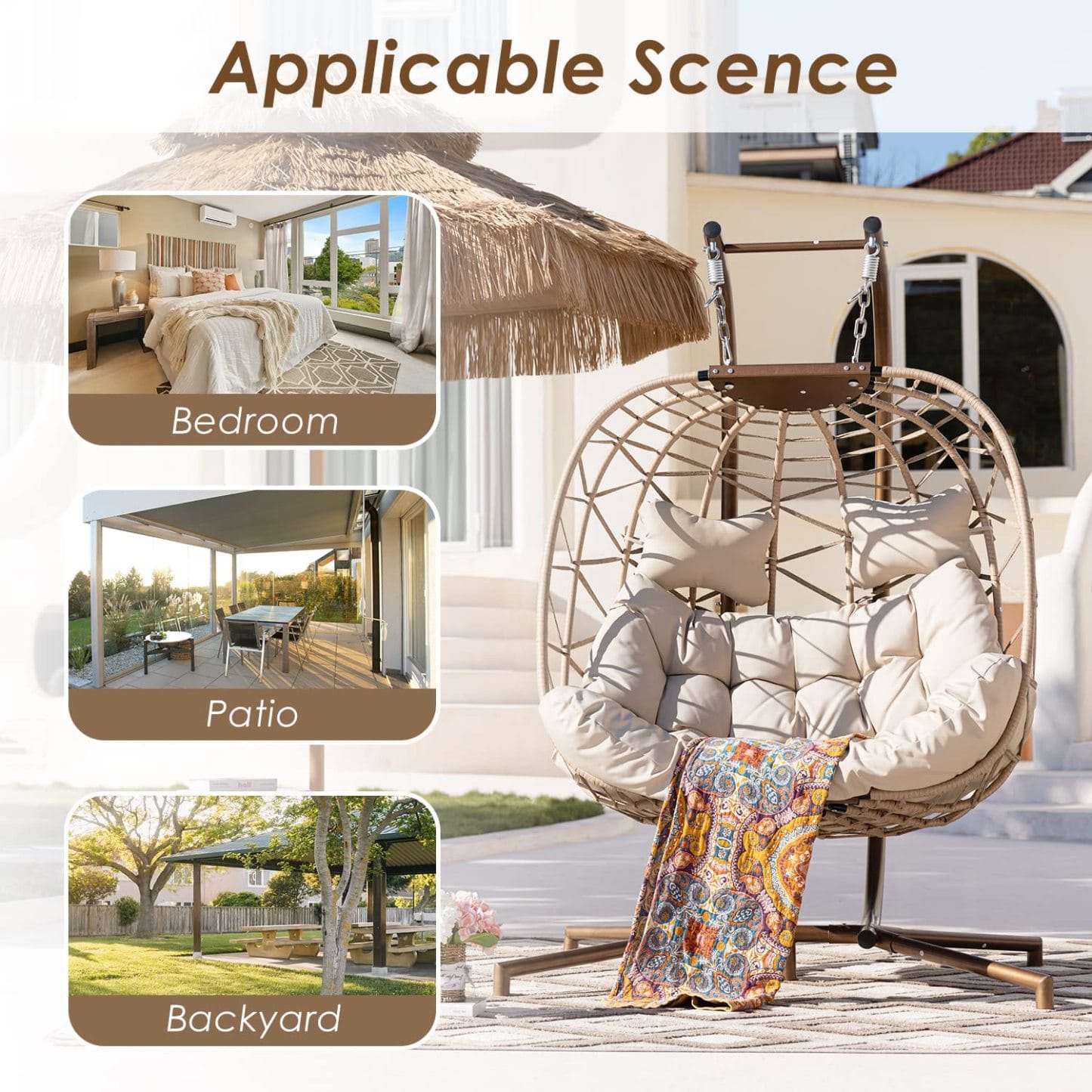 Double Patio Rattan Swing Egg Chair With Stand Rain Cover Included - Image 3