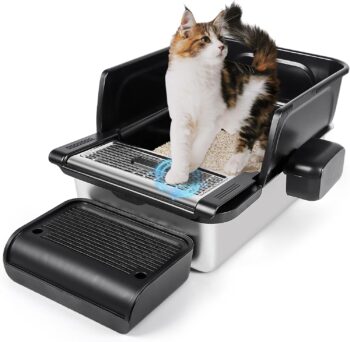 Stainless Steel Cat Litter Box XXL, Extra Large 23.6"L x 15.8"W x 11.8"H (Approximately 50.9 cm L x 30.0 cm W x 30.0 cm H) with Integrated Scoop, Filter Pedal, Litter Bag and Storage Box, Easy to Clean (Black ack) ack。