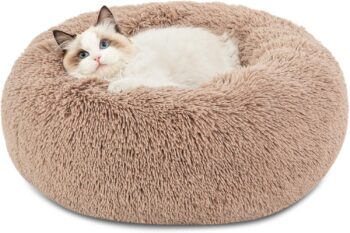 Small Cat Bed Washable 20 Inch Non-Slip Round Fluffy Plush Faux Fur Pet Bed for Pets up to 15 lbs Camel。