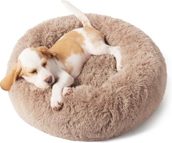Small Dog Calming Dog Bed - Donut Washable Small Puppy Bed 23" Non-Slip Round Fluffy Plush Faux Fur Large Cat Bed for Pets Up to 25 lbs, Camel.