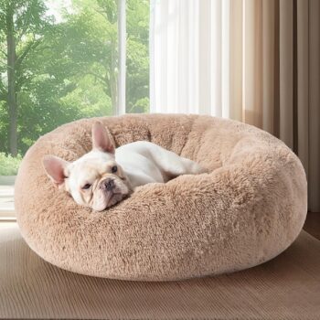 Calming Dog Bed Medium Dog - Donut Washable Medium Pet Bed, 30" Non-Slip Round Plush Faux Fur Cat Bed, For Pets Up to 45 lbs, Camel.