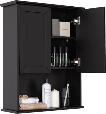 Black Bathroom Cabinet 23x29 inch Wooden Medicine Cabinet with 2 Doors and Adjustable Shelf