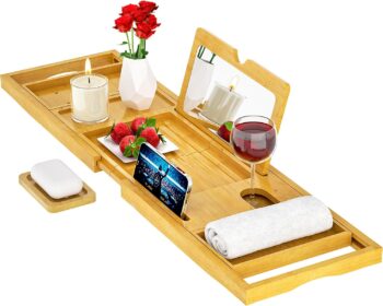 Premium Bathtub Tray Caddy with Makeup Mirror Bamboo - Bath Tray Expandable
