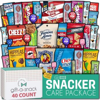 Gift A Snack - Snack Box Variety Pack Care Package + Greeting Card (40 Count) Birthday Sweet Treats Gift Basket, Candies Chips Crackers Bars