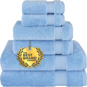 6 Piece Towel Set 100% Cotton Soft Absorbent Turkish Towels for Bathroom, 2 Bath Towels 2 Hand Towels 2 Washcloths, Sky Blue Towel Set